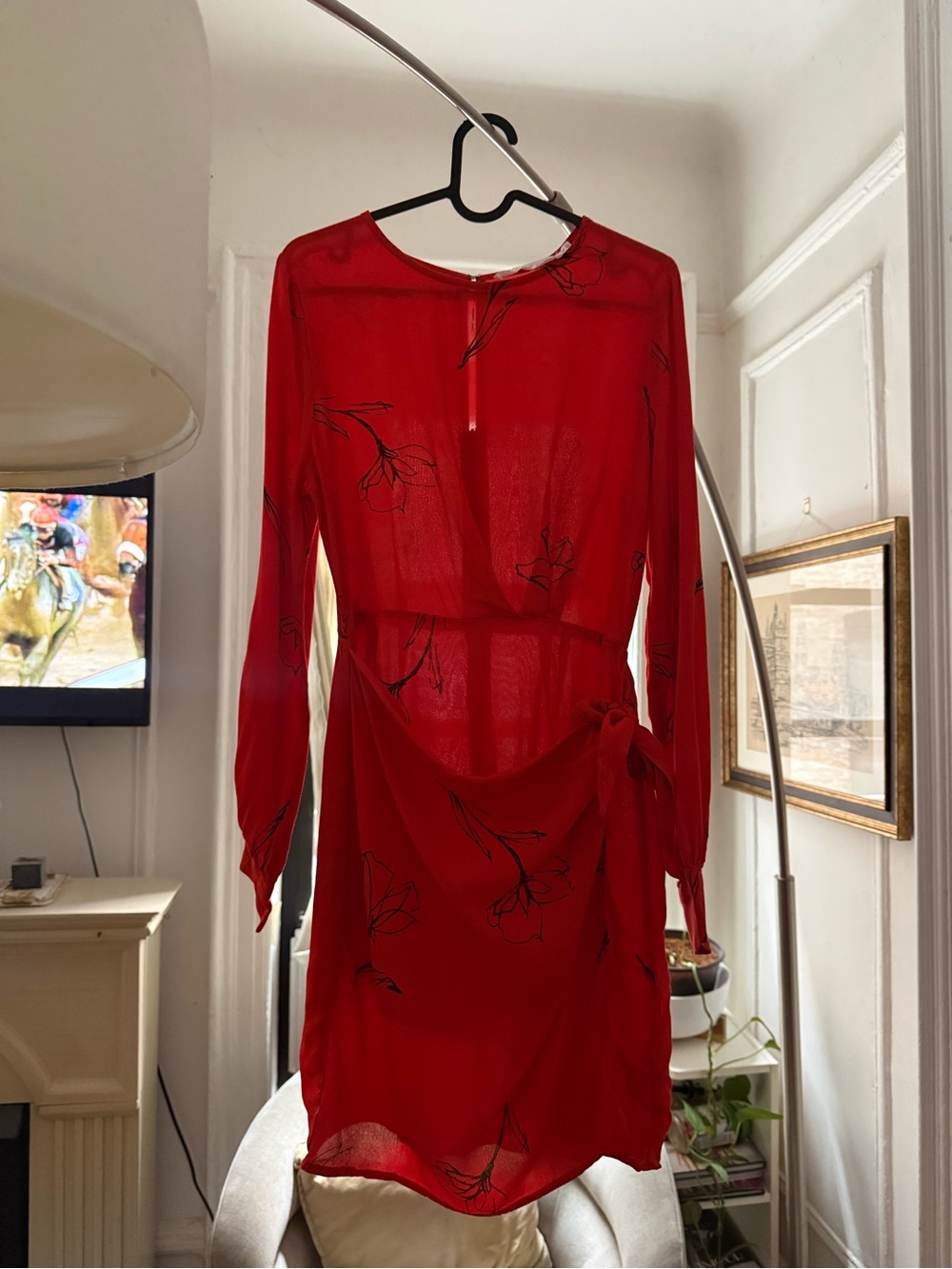 Astr Red Sheer Floral Backless Wrap Dress